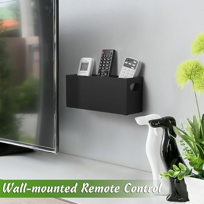 TV Remote Holder, Wall Remote Control Holder, 3 Slots Remote Caddy Wall Mount, Wooden TV Remote Wall Holder, Wall Pen Holder, Black - LeafyLoom