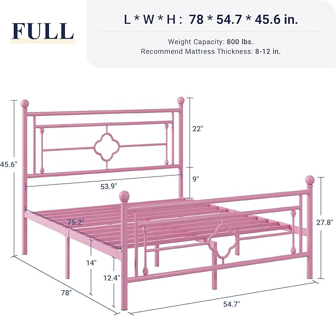 Allewie Full Size Metal Platform Bed Frame with Victorian Vintage Headboard and Footboard/Mattress Foundation/Under Bed Storage/No Box Spring Needed/Noise-Free/Easy Assembly, Pink - LeafyLoom