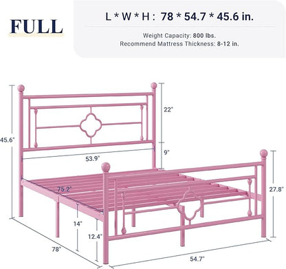 Allewie Full Size Metal Platform Bed Frame with Victorian Vintage Headboard and Footboard/Mattress Foundation/Under Bed Storage/No Box Spring Needed/Noise-Free/Easy Assembly, Pink - LeafyLoom