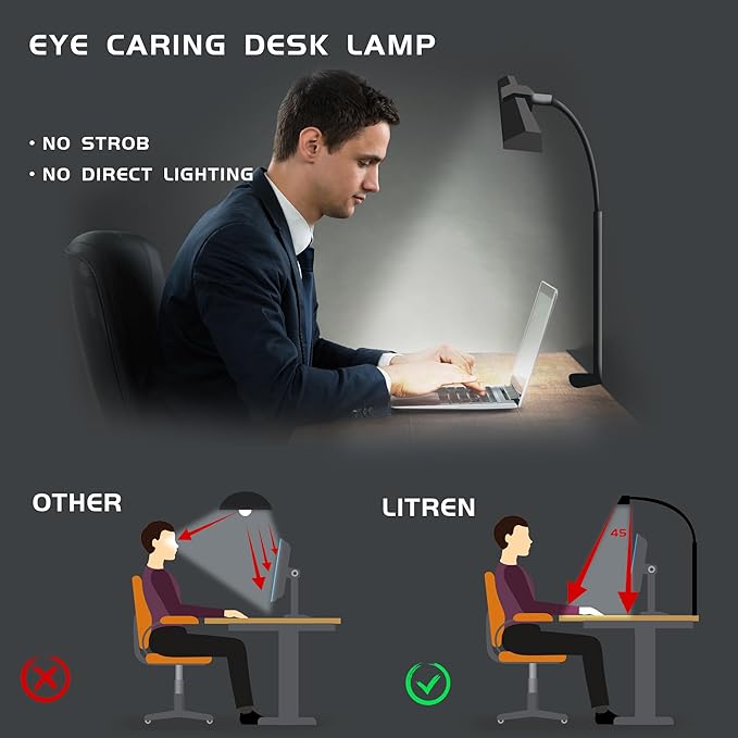 LED Desk Lamps for Home Office Eye-Caring Architect Lamp with Clamp 3 Colors 10 Brightness Adjustable Gooseneck Table Light with Key Control Workbench LED Reading Lamp [with Adatper] - LeafyLoom