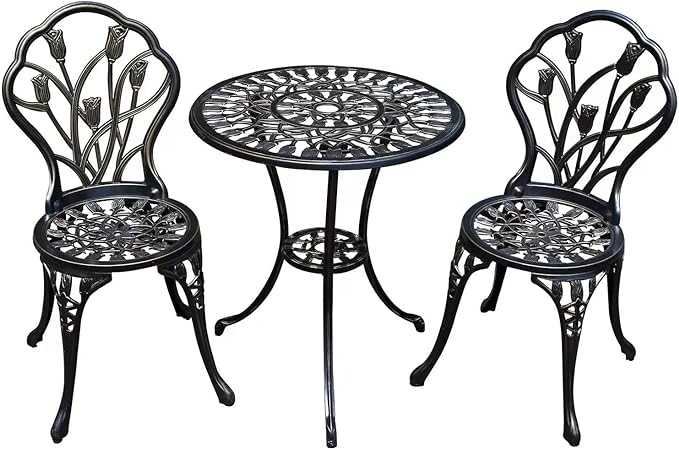 Patio Bistro Set.Rust-Resistant Cast Aluminum Bistro Table Set with Umbrella Hole for Backyard (Tulip Copper) - LeafyLoom