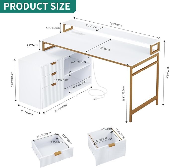 YITAHOME L Shaped Desk with Drawers, 55" Corner Computer Desk with Power Outlets & LED Lights, Large L-Shaped Office Desk with File Cabinet, White & Gold - LeafyLoom