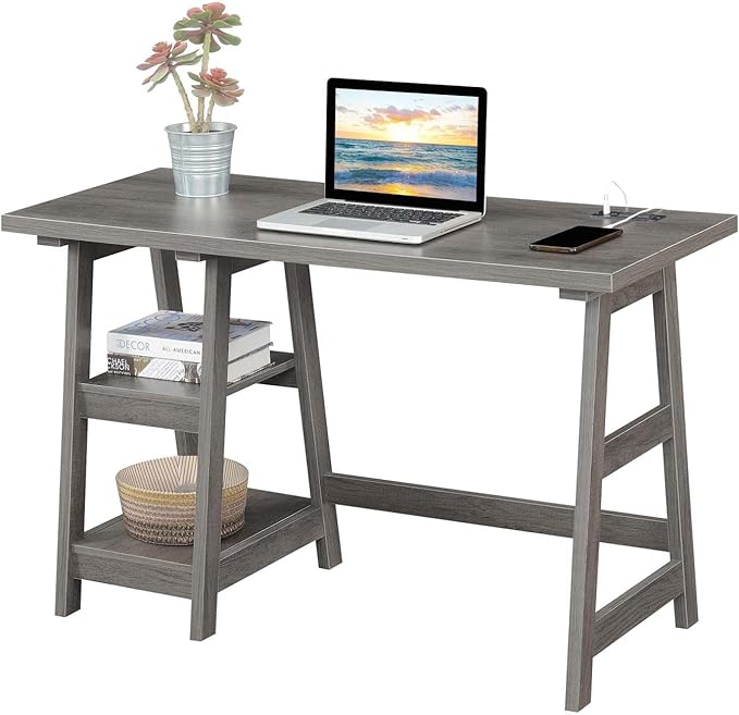 Convenience Concepts Designs2Go Trestle Desk with Charging Station and Shelves, Charcoal Gray - LeafyLoom