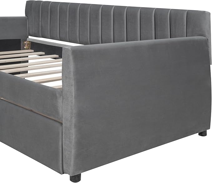 Velvet Upholstered Twin Daybed with Two Storage Drawers, Solid Wooden Sofa Bed Frame w/Vertical Stripes Designed Backrest and Pine Legs, Space-Saving Design, Gray - LeafyLoom