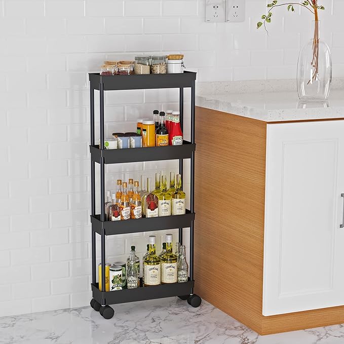 Sooyee 4 Tier Slim Storage Cart,Rolling Storage Cart,Narrow Shelf,Bathroom Rack,Mobile Shelving Unit Organizer for Kitchen, Bathroom, Laundry Room, Black - LeafyLoom