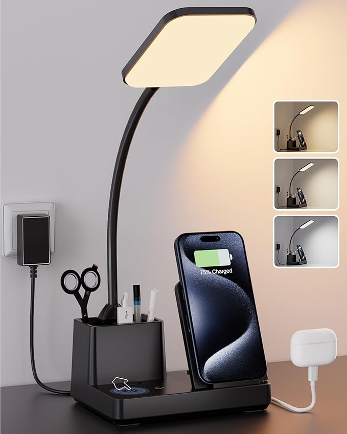 Sailstar Desk Lamp with Wireless Charger USB Charging Port, LED Desk Lamps for Home Office, 800LM 3 Lighting Modes Dimmable Pen Holder 360°Gooseneck, Eye-Caring Desk Light for College Dorm Room, Black - LeafyLoom