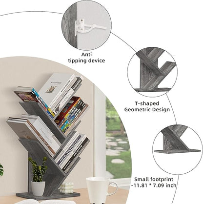 5 Tier Tree Book Shelf, Small Desktop Bookshelf with Storage Organizer, Wood Bookcase, Desk Display Bookshelves, Floor Standing Organizer Bookcases for Living Room,Bedroom,Office - Light Grey - LeafyLoom