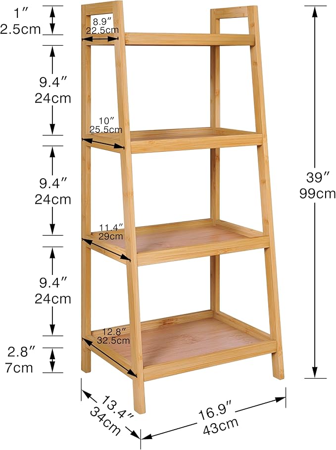 SMIBUY Bamboo Ladder Bookcase, Bathroom Storage Rack Organizer, 4 Tier Freestanding Plant Display Stand Space Saver Shelves for Bedroom, Kitchen, Balcony (Natural) - LeafyLoom