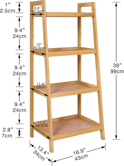 SMIBUY Bamboo Ladder Bookcase, Bathroom Storage Rack Organizer, 4 Tier Freestanding Plant Display Stand Space Saver Shelves for Bedroom, Kitchen, Balcony (Natural) - LeafyLoom