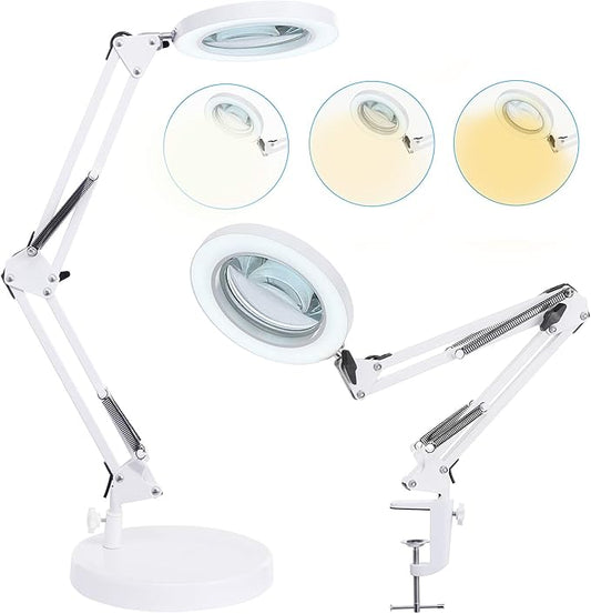 5X Magnifying Glass with Light and Stand, KIRKAS 2-in-1 Real Glass Lens Magnifying Desk Lamp with Clamp, 3 Color Modes, Stepless Dimmable Magnifier Light for Close Work Repair Reading Crafts- White - LeafyLoom