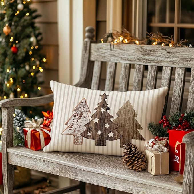 GEEORY Christmas Pillow Covers 12 x 20 Set of 4, Striped Wooden Tree Snow Sleigh Merry Bright Xmas Holiday Decor Decorative Throw Cushion Case Decoration for Home Party Sofa Couch (Brown) G399-12 GEEORY