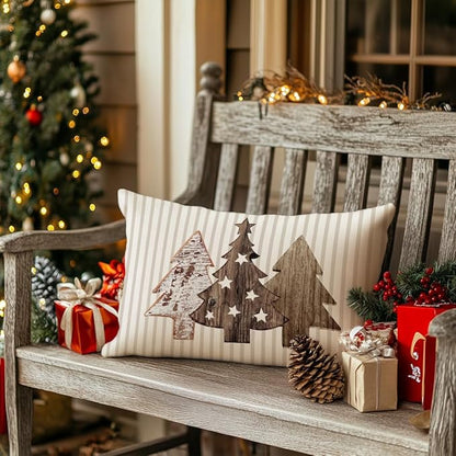 GEEORY Christmas Pillow Covers 12 x 20 Set of 4, Striped Wooden Tree Snow Sleigh Merry Bright Xmas Holiday Decor Decorative Throw Cushion Case Decoration for Home Party Sofa Couch (Brown) G399-12 GEEORY