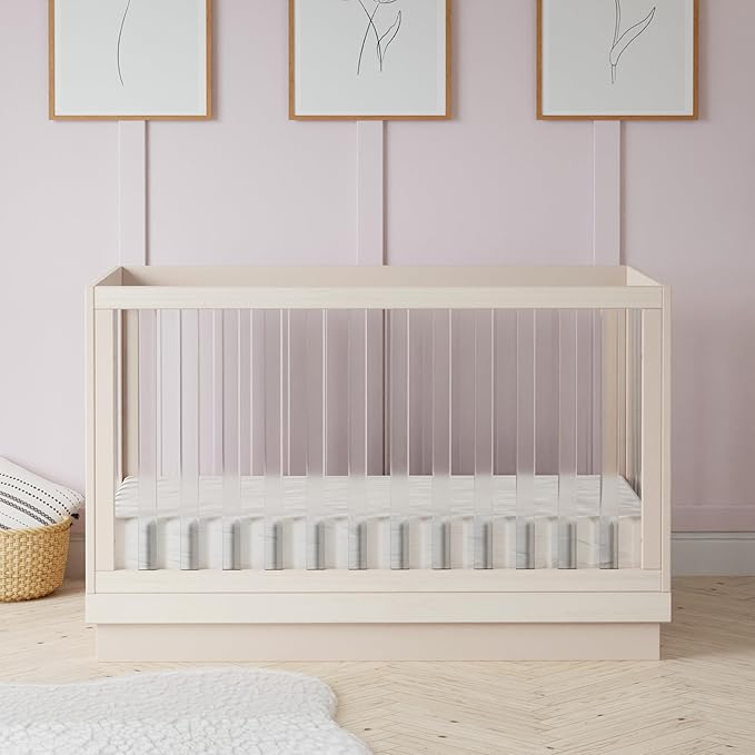 Babyletto Harlow Acrylic 3-in-1 Convertible Crib with Toddler Bed Conversion Kit in Washed Natural with Acrylic Slats, Greenguard Gold Certified - LeafyLoom