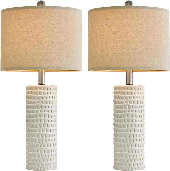 PORTRES 24" Farmhouse Ceramic Table Lamp Set of 2 for Bedroom Living room White Desk Decor Bedside Lamps for Study Room Office Dorm Modern Accent Nightstand Lamp End Table lamps - LeafyLoom