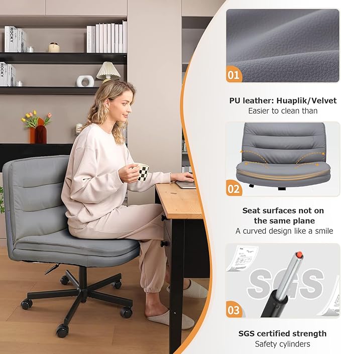 COMHOMA Criss Cross Chair with Wheels, Armless Wide Cross Legged Office Chair Mid Back, Modern Home Office Desk Chair Swivel Adjustable Vanity Computer Chair, Gray - LeafyLoom