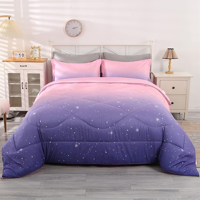 Wowelife Glitter Comforter Set Pink Queen 5 Pieces Galaxy Bedding Set Purple Kids Bedding Set Rainbow Bed in a Bag for Boys and Girls with Comforter, Flat Sheet, Fitted Sheet and 2 Pillowcases - LeafyLoom