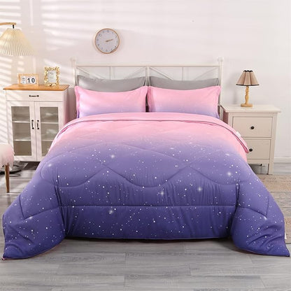 Wowelife Glitter Comforter Set Pink Queen 5 Pieces Galaxy Bedding Set Purple Kids Bedding Set Rainbow Bed in a Bag for Boys and Girls with Comforter, Flat Sheet, Fitted Sheet and 2 Pillowcases - LeafyLoom