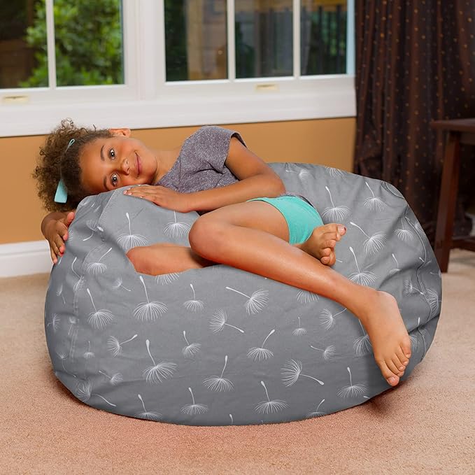 Posh Creations Bean Bag Chair for Kids, Teens, and Adults Includes Removable and Machine Washable Cover, Canvas White Dandelions on Gray, 38in - Large - LeafyLoom