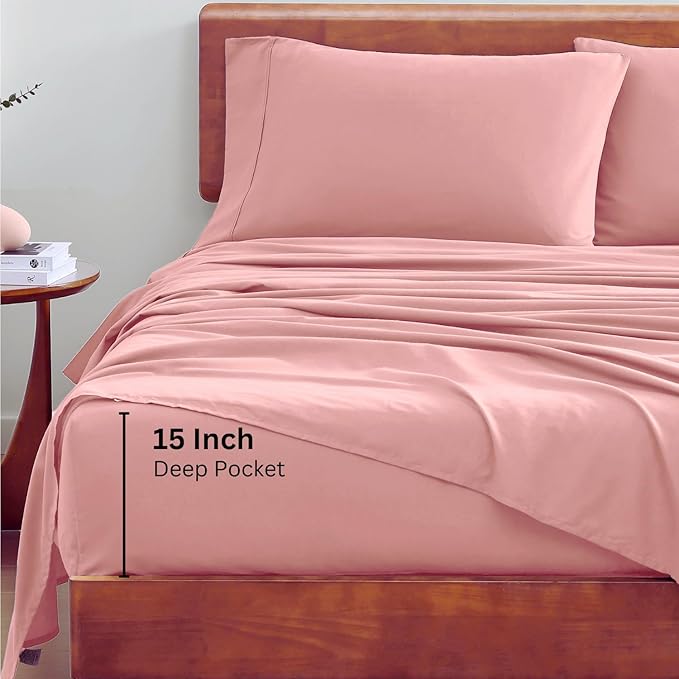 LANE LINEN 100% Organic Cotton Queen Sheets Set, 4-Piece Pure Organic Cotton Percale Sheets Queen, Cotton Bedsheets, Ultra Soft Bedding Sheets, Breathable, Fits Mattress Upto 15" Deep - Rose Dawn - LeafyLoom