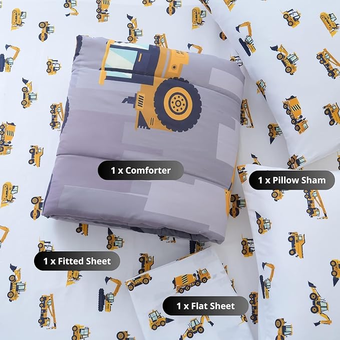 Full Size Comforter Set for Boys, 4-Piece Bed in a Bag, 3D Construction Bedding Comforter Sheet Set, Ultra Soft and Fluffy, Cartoon Truck Cars - LeafyLoom