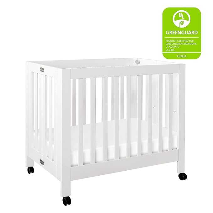 Babyletto Origami Mini Portable Crib Folding with Wheels in White, 2 Adjustable Mattress Positions, Greenguard Gold Certified - LeafyLoom