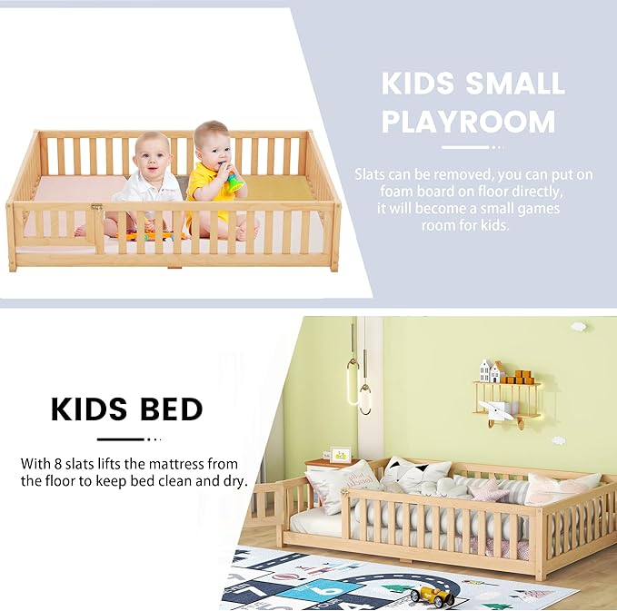 Multifunctional Full Size Floor Bed with Safety Guardrails and Door, Removable Wood Slats, Montessori Beds Frame for Toddlers, for Boys and Girls, Natural - LeafyLoom