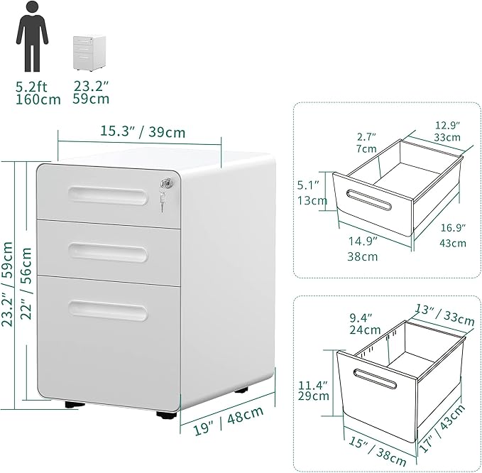 YITAHOME 3-Drawer Metal Mobile File Cabinet, Rolling Filing Cabinet with Lock, Filing Cabinet Under Desk fits Legal/A4 Size for Home/Office, Fully Assembled,White - LeafyLoom