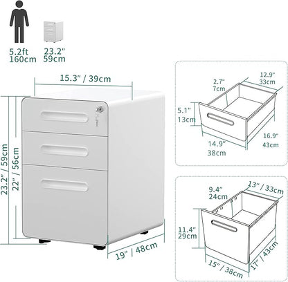 YITAHOME 3-Drawer Metal Mobile File Cabinet, Rolling Filing Cabinet with Lock, Filing Cabinet Under Desk fits Legal/A4 Size for Home/Office, Fully Assembled,White - LeafyLoom