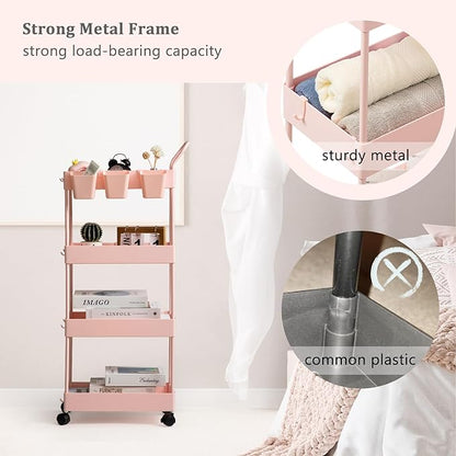 danpinera Slim Storage Cart, 4 Tier Bathroom Cart Organizer Narrow Laundry Cart with Wheels Dividers Hanging Cups Hooks Handle Makeup Lash Cart Shelf Organizer Rack Unit Easy Assembly, Pink - LeafyLoom