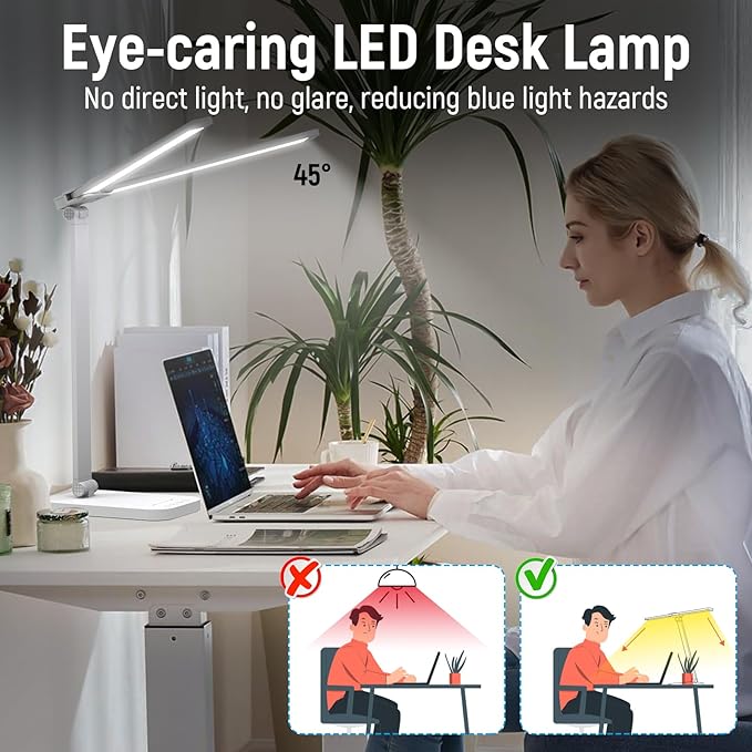 Bright LED Desk Lamp for Home Office - Dual Swing Arm Eye-Caring Architect Task Lamp, Adjustable Foldable Table Lamp, Dimmable Touch Control Desktop Lamp 5 Lighting Modes for Work/Study - LeafyLoom