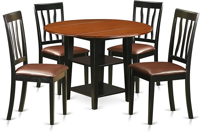 East West Furniture SUAN5-BCH-LC 5 Piece Kitchen Table Set Includes a Round Dining Room Table with Dropleaf & Shelves and 4 Faux Leather Upholstered Chairs, 42x42 Inch, Black & Cherry - LeafyLoom