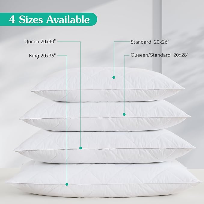 Three Geese White Goose Feather Bed Pillows Queen Size Set of 2- Soft 600 Thread Count 100% Cotton, Medium Firm,Soft Support Surround Fill Polyester (Standard Size:Pack of 2) - LeafyLoom