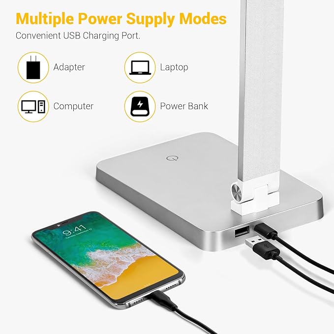 LED Desk Lamp for Home Office, 3 Levels Dimmable Desk Light with USB Charging Port, Small Study Lamp, Reading Light for Table, Sliver, 5000K - LeafyLoom