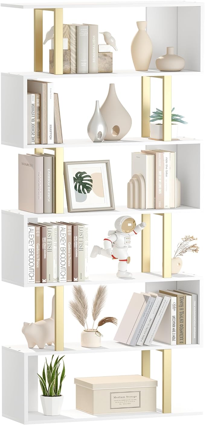 Yusong Geometric Bookcase, S Shaped Bookshelf 6-Tier Book Shelves for Bedroom, Modern Wood Decorative Display Shelf Tall Book Case for Home Office, Gold and White - LeafyLoom