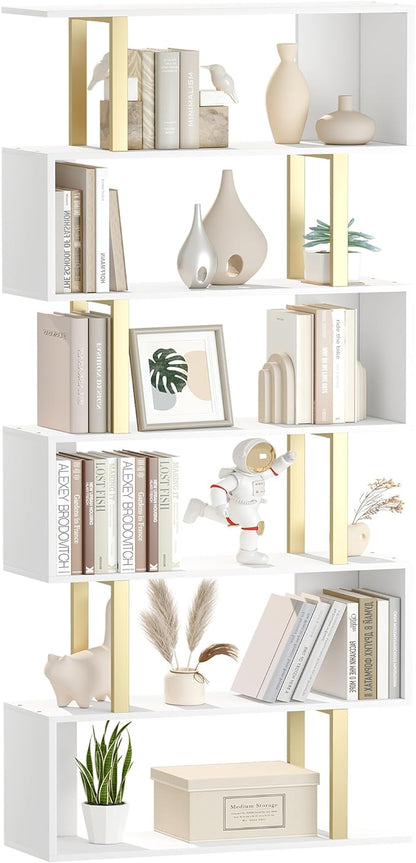 Yusong Geometric Bookcase, S Shaped Bookshelf 6-Tier Book Shelves for Bedroom, Modern Wood Decorative Display Shelf Tall Book Case for Home Office, Gold and White - LeafyLoom