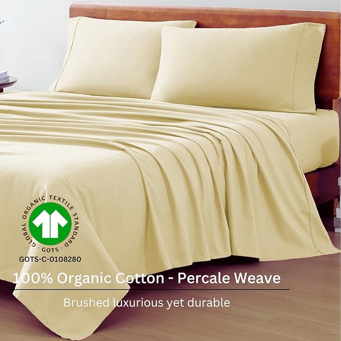 LANE LINEN 100% Organic Cotton Full Sheets Set 4-Piece Pure Percale Long Staple Bedding Breathable Fits Mattress Upto 15" Deep - Vanilla - LeafyLoom