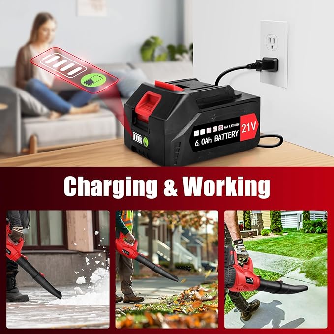 21V Electric Leaf Blower Cordless, 6000mAh 2 Battery Powered Leaf Blower 6-Speed Variable Control, Rechargeable Blowers Cordless for Lawn Care 2 Section Tubes, Charger, Shoudler Strap - LeafyLoom