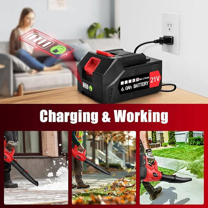 21V Electric Leaf Blower Cordless, 6000mAh 2 Battery Powered Leaf Blower 6-Speed Variable Control, Rechargeable Blowers Cordless for Lawn Care 2 Section Tubes, Charger, Shoudler Strap - LeafyLoom