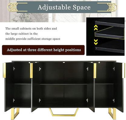 60" Modern Sideboard Buffet Cabinet with Four Doors,Metal Handles & Legs,Multifunctional MDF Storage Cupboard,W/Adjustable Shelves,for Hallway,Entryway Passage,Bedroom,Black - LeafyLoom