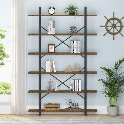 HSH 6 Shelf Tall Bookcase, Industrial Modern Large 6 Tier Bookshelf, Open Wood and Metal Display & Storage Rack,Farmhouse Bookcases and Book Shelves 6 Shelf for Bedroom Living Room Office,Rustic Brown - LeafyLoom