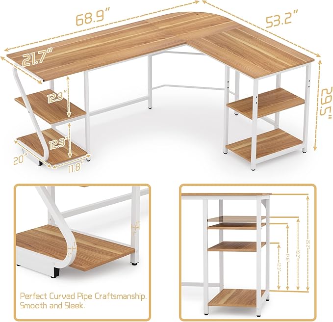 L Shaped Desk Reversible, Corner Computer L Desk with Storage Shelves, Modern Gaming Desk Workstation for Home Office, Walnut - LeafyLoom