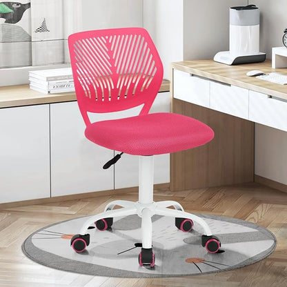 Desk Chair Armless Small Study Chairs Armless for Child Kids Teens, Ergonomic Swivel Rolling Lightweight Task Chair with Wheels and Mesh Padded Cushion, Pink - LeafyLoom