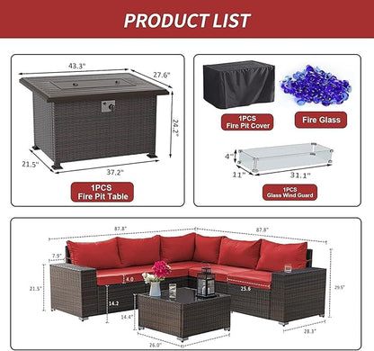 Kullavik 7 Pieces Outdoor Patio Furniture Set with 43" 55000BTU Gas Propane Fire Pit Table PE Wicker Rattan Sectional Sofa Patio Conversation Sets,Dark Red - LeafyLoom