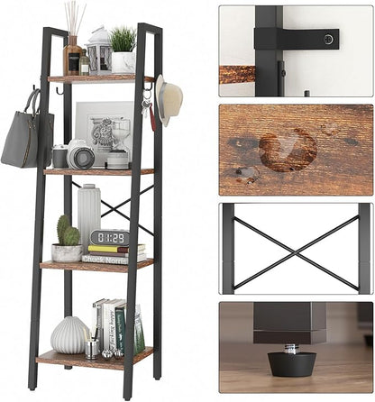 YMYNY 4 Tiers Ladder Bookcase, Industrial Narrow Bookshelf, Open Display Rack with 4 S Hooks, Metal Storage Shelves for Bedroom, Home Office, Living Room, Rustic Brown, 49.2H*13.4L*11.8W, UHBC024H - LeafyLoom