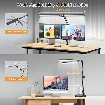 2-in-1 LED Desk Lamp, 24W Brightestwith Table Lamp with Clamp, Desk Light with Flexible Swing Arm,3 Color Modes Stepless Dimmable Double Head Architect Desk Lamps for Home Office Workbench Reading - LeafyLoom