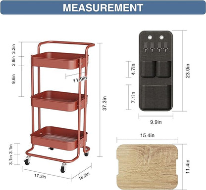 DTK 3 Tier Metal Utility Rolling Cart with Table Top and Side Bags, Tray Storage Organizer Wheels, Art Craft 4 Hooks for Kitchen Bathroom Office Living Room(Red) - LeafyLoom