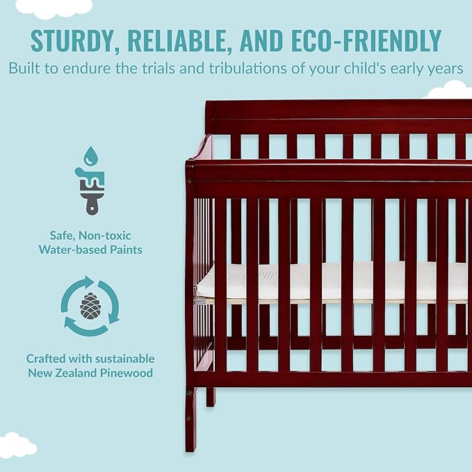 Aden 4-in-1 Convertible Mini Crib In Cherry, Greenguard Gold Certified, Non-Toxic Finish, New Zealand Pinewood, With 3 Mattress Height Settings - LeafyLoom