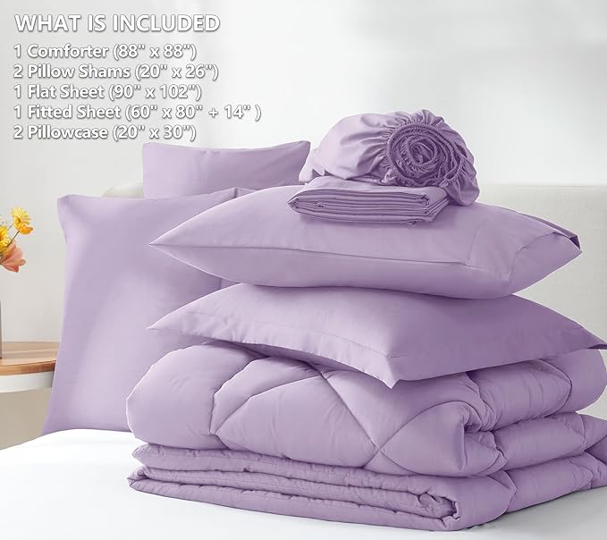 CozyLux Queen Comforter Set with Sheets 7 Pieces Bed in a Bag Light Purple All Season Lavender Bedding Sets with Comforter, Pillow Shams, Flat Sheet, Fitted Sheet and Pillowcases - LeafyLoom