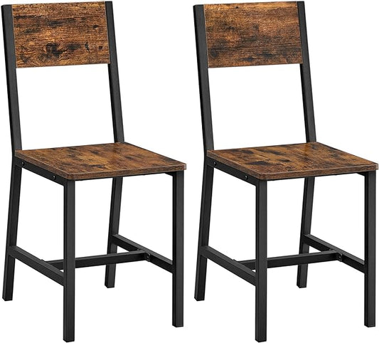 VASAGLE Dining Chair Set of 2, Rustic Wood Chairs with Metal Steel Frame, Easy to Assemble, Comfortable Seat, Modern Farmhouse Chair for Kitchen, Bedroom, Living Room, Rustic Brown and Ink Black - LeafyLoom