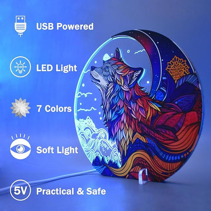 Cute Wolf Decor Night Light USB Powered LED Night Lights for Kids Bedroom 7 Colors LED Lamp Wooden Night Lamp for Room Decor Aesthetic - LeafyLoom